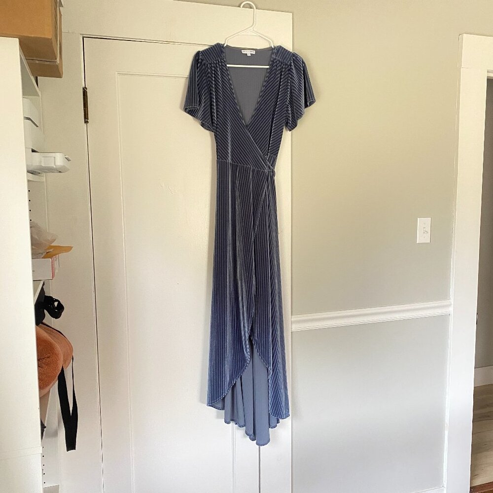 Baltic Born Blue Velvet Ribbed Wrap Midi Dress